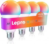 Lepro Al Smart Glühbirne B3, E27 WLAN/Bluetooth Smart Bulb 1521lm Dimmbar, Foto-zu-Licht, Personalisierter KI-Lichtdesigner, Sprachsteuerung/Musik Sync, Kompatibel mit Alexa/Google Assistant, 4 Stück
