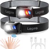 Lepro Stirnlampe USB Wiederaufladbar, Ultrahelle 800L LED Kopflampe mit Gestensensor und Rotlicht, 5 Lichtmodi, Wasserdicht Leicht Stirnleuchte, Perfekt fürs Laufen, Joggen, Angeln, Campen, 2 Stück