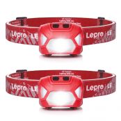 Lepro Stirnlampe, 1300 Lux LED XPG Kopflampe mit 6 Lichtmodi Scheinwerfer und Rotlicht, IPX4 spritzwassergeschütztes Gehäuse, Batteriebetrieben Stirnlampen, Ideal für Camping Joggen, Rot, 2 Stück